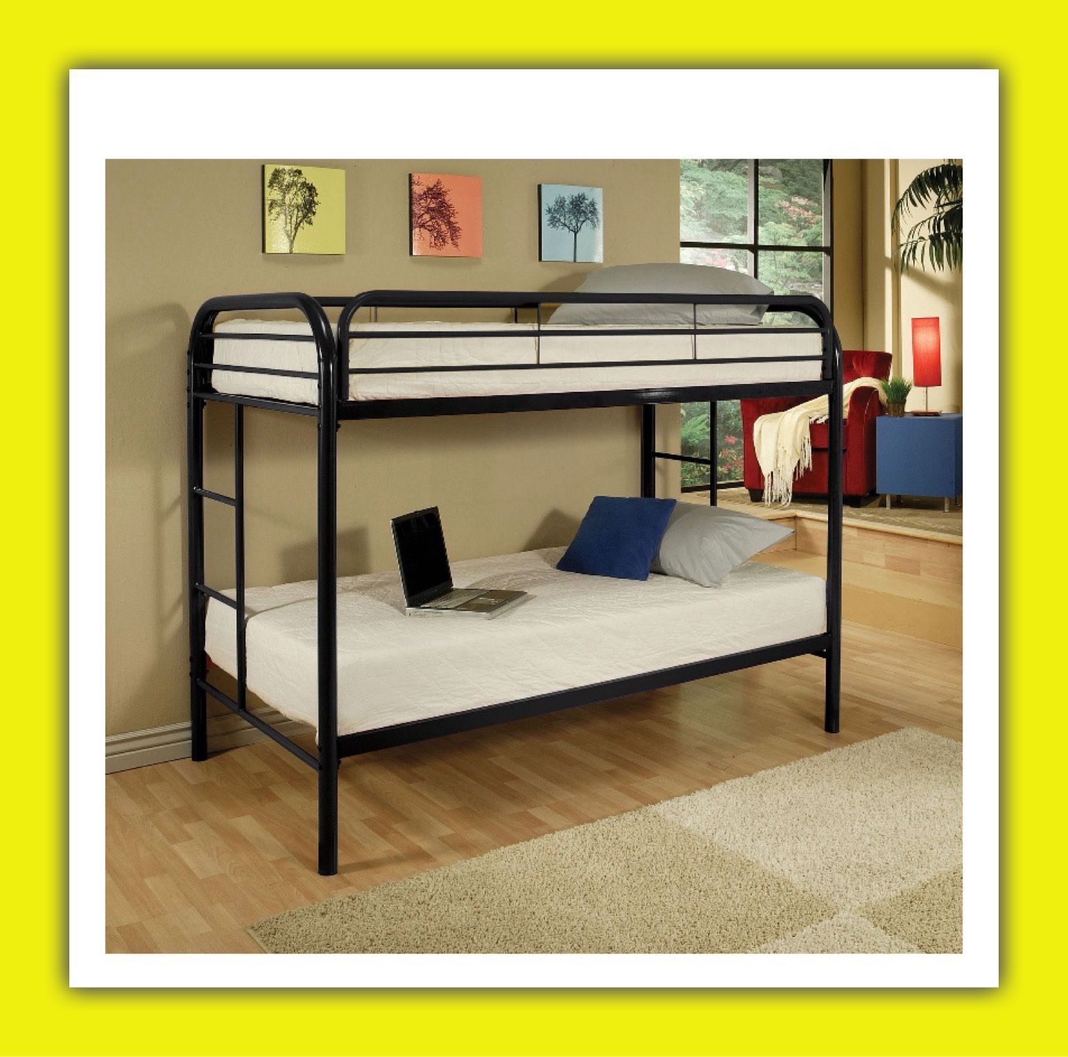 Black Metal Twin over Twin Bunk Bed with 2 FREE Mattresses