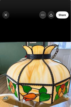 TG  50s 60s Tiffany Style Slag Stained Glass Floral Hanging Swag Pendant Lamp