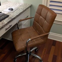 MCM Office Computer Desk Chair – Cognac Faux Leather – Mid-Century Modern - Compact footprint
