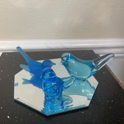 Set of  3 Tiny Blue Glass Bird Figurines