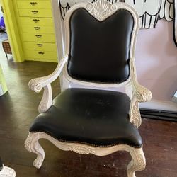 Elegant Vintage-Style Chair & Ottoman Set - Black Faux Leather with Carved White Frame - $275