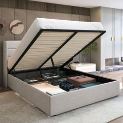 Queen Size Lift Up Hydraulic Storage Bed Frame, Platform Bed with Fabric Upholstered Wingback Headboard, No Box Spring Needed, Beige