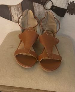Sandals Ladies Faux Leather Peep Toe Buckle Sling Brown Low Wedge Zipper Sandals