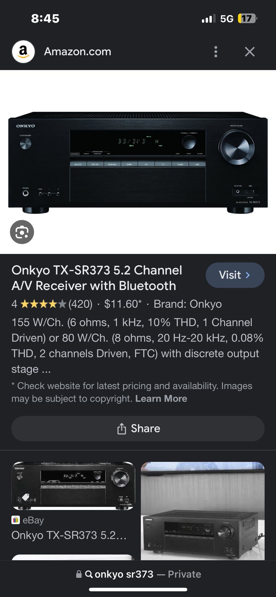 Onyko TX-SR373 5.2 Channel A/V Receiver With bluetooth