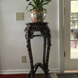 Vintage Chinese Rosewood Hand Carved Plant Stand /Table With Marble Top