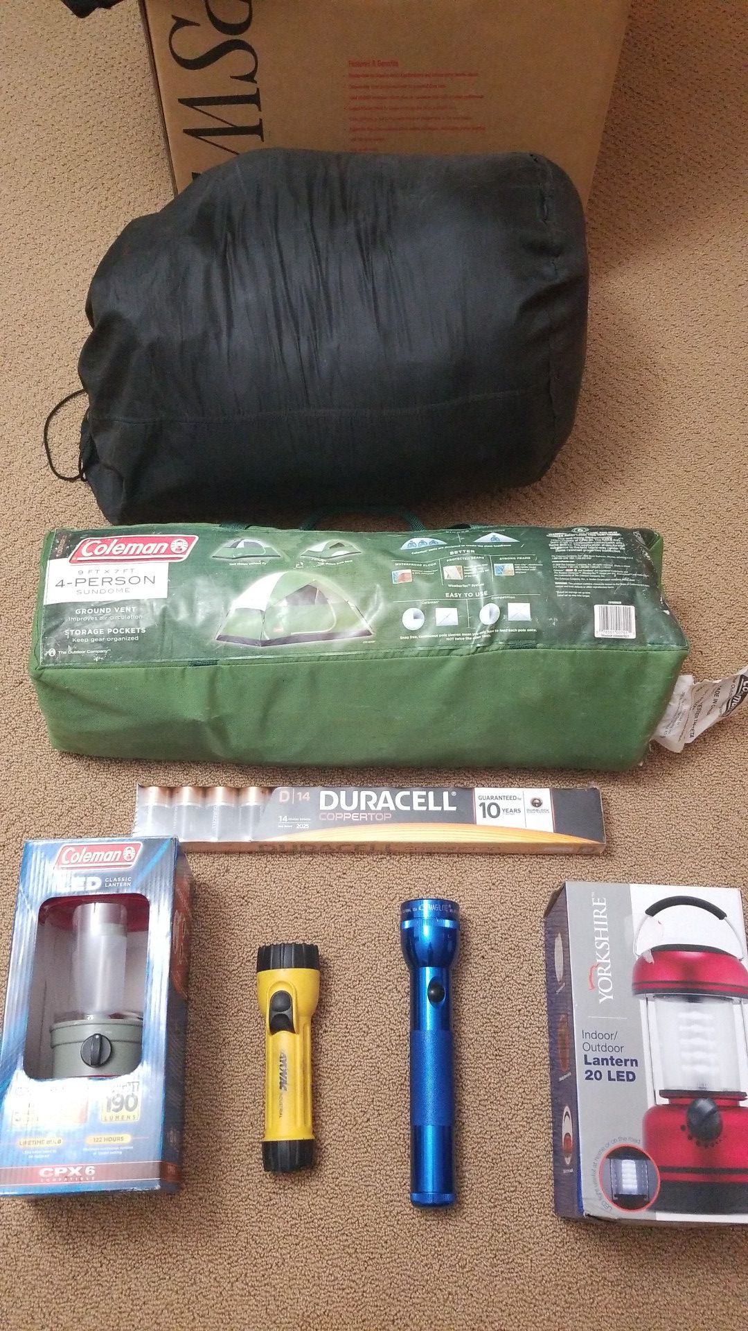 Coleman Camping Items Tent Led Laterns Flashlights Batteries sleeping bag