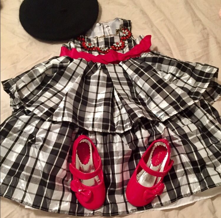 NWOT, 3T, Girl, Cherokee Black, Silver & Red Plaid Formal Dress