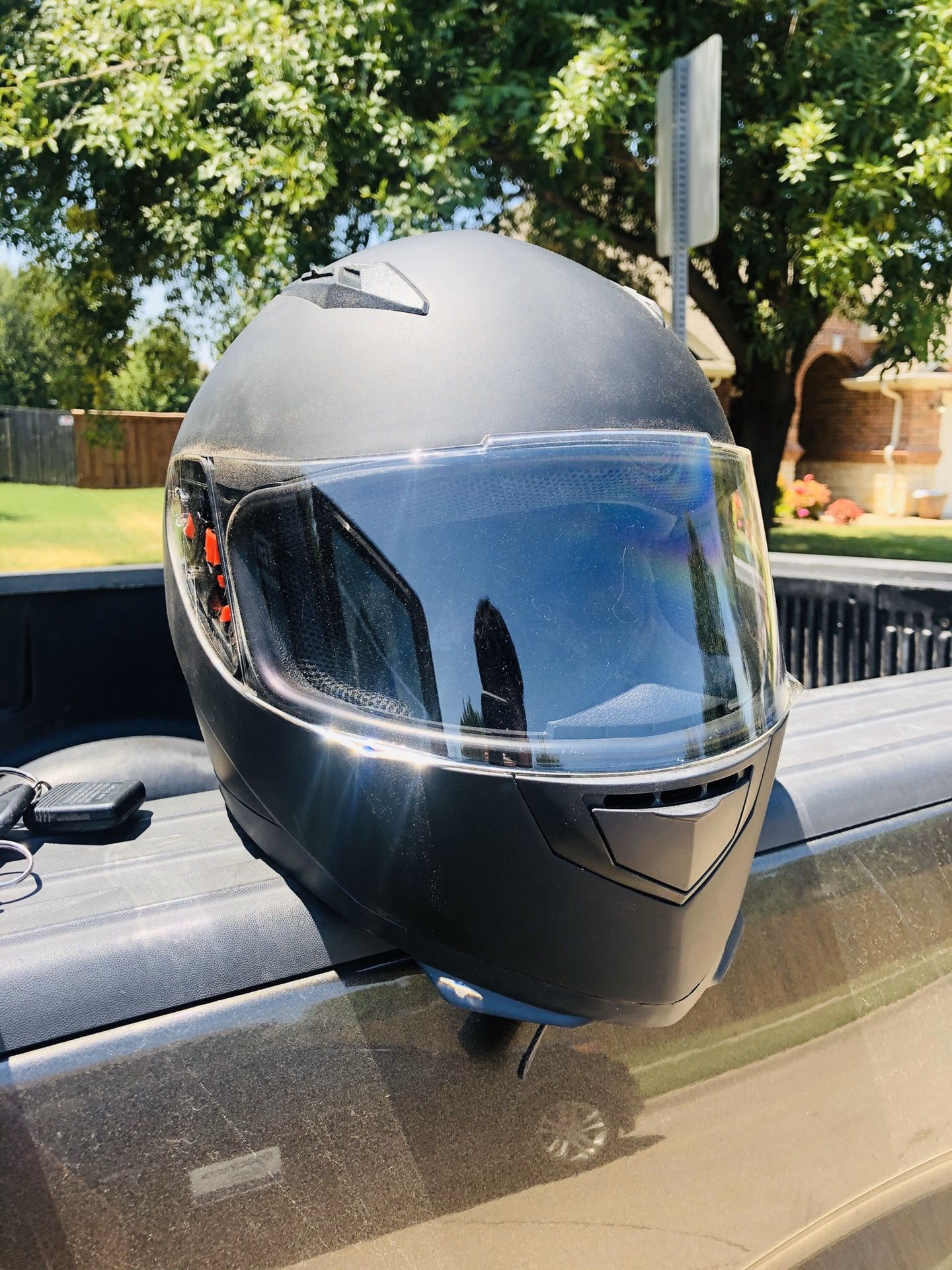 Motorcycle helmet, tinted visor, and gloves!!!