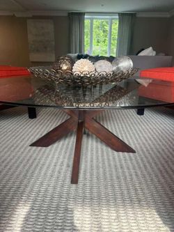 Round Glass Coffee Table with Wood Starburst Base – 48” Diameter