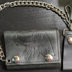 New Black Genuine Leather Bifold Wallet With Button Closure & Chain