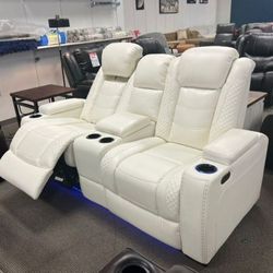 Party Time Power White Reclining Loveseat with Console