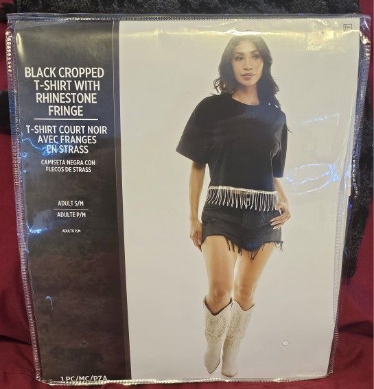Black Cropped T Shirt Rhinestone Fringe