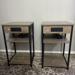 Set Of 2 Grey Side Table with Charging Station and USB Port, Small End Table Nightstands