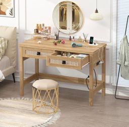 Computer Desk with 2 Drawers, 39 Inch Small Desk with Power Outlets, Farmhouse Vanity Desks, Oak