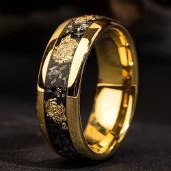 Men's Women's 8mm Tungsten Imitation Gold Leaf Flakes & Metoriote Inlay Comfort-Fit Wedding Band 10