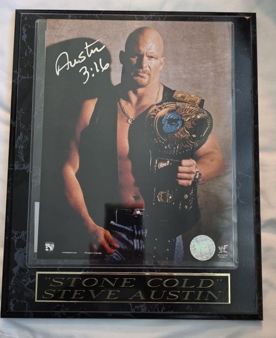 Vtg. Stone Cold Steve Austin Signed 8x10 Photo Austin 3:16 Pressed Wooden Frame WWE