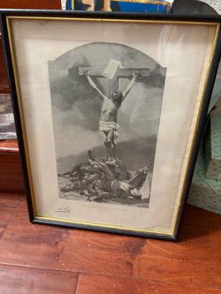 Antique J.J. Weerts 1895 Jesus Christ Crucifixion French Religious Print Framed