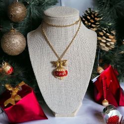 Signed Avon Red Enamel and Faux Pearl Christmas Ornament/Necklace

