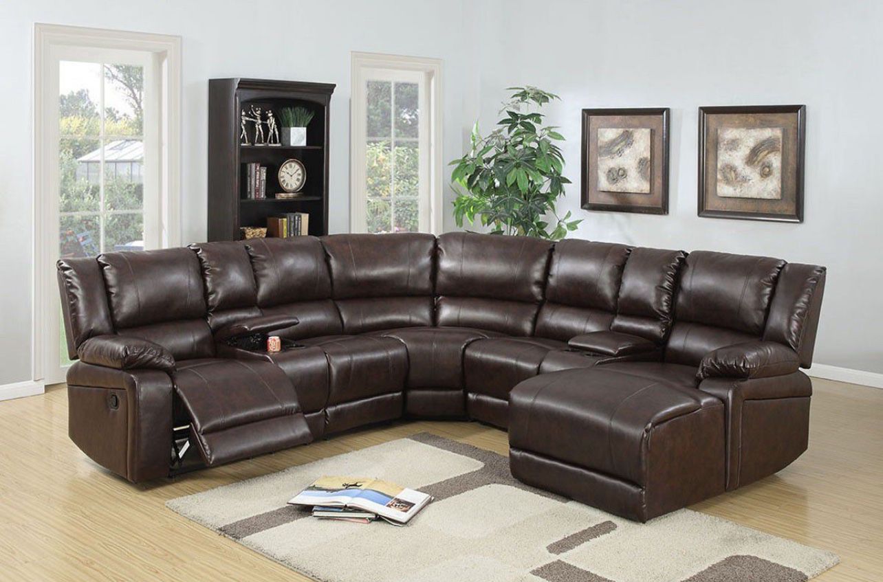 Brand New Leather Reclining Sectional Sofa (Brown)