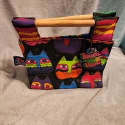 Vintage Authentic Laurel Burch Small Colorful Cat Tote/Handbag with Wooden Handles