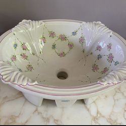 Vintage floral Sherle Wagner painted porcelain drop in sink circa 1993. Perfect condition. 