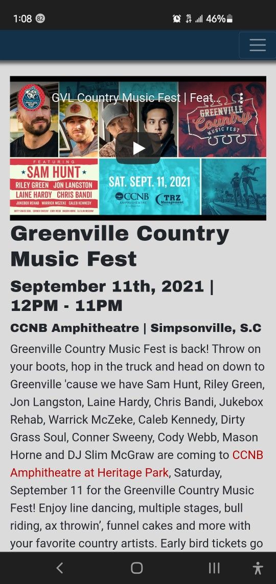 Greenville Country Music Festival Featuring Sam Hunt & More General Admission Ticket 