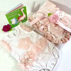 Dinosaur Princess with Ruffles Crochet Baby Blanket Gift Set
