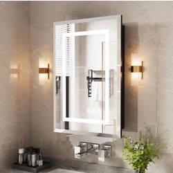 16X24 Inches LED Mirror Cabinet for Bathroom, Lighted Bathroom Cabinet with 3-Color with Mirror Defog, Recessed or Surfaced Wall-Mounted