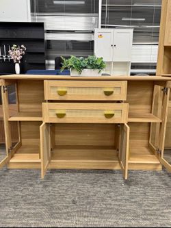 Modern Natural Tan TV Stand / Storage Display Cabinet w/ LED Lights & Shelves