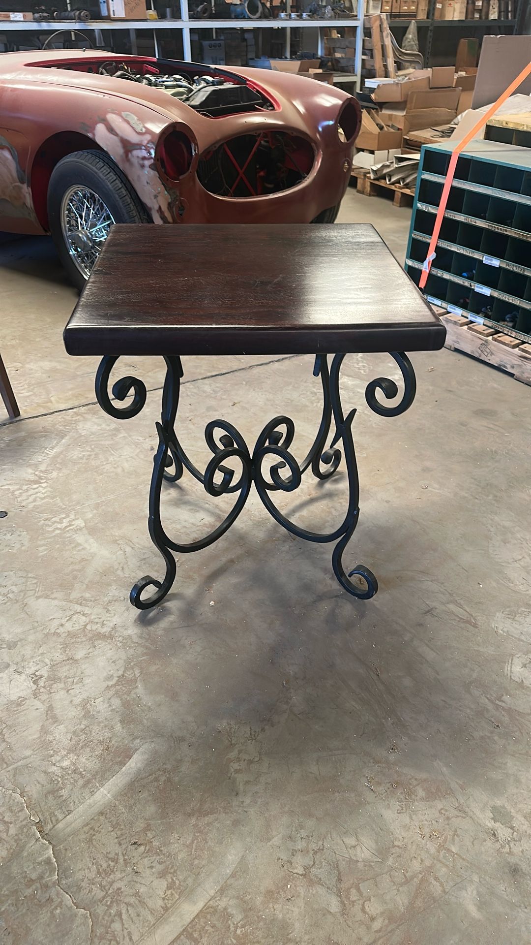 Solid wood and wrought iron end tables