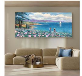 Framed Wall Art for Living Room - Large 48x24 Inches Rustic style Seascape Canvas Picture Pink Flower Tree Sailboat Mountain Wall Decor for Bedroom Of