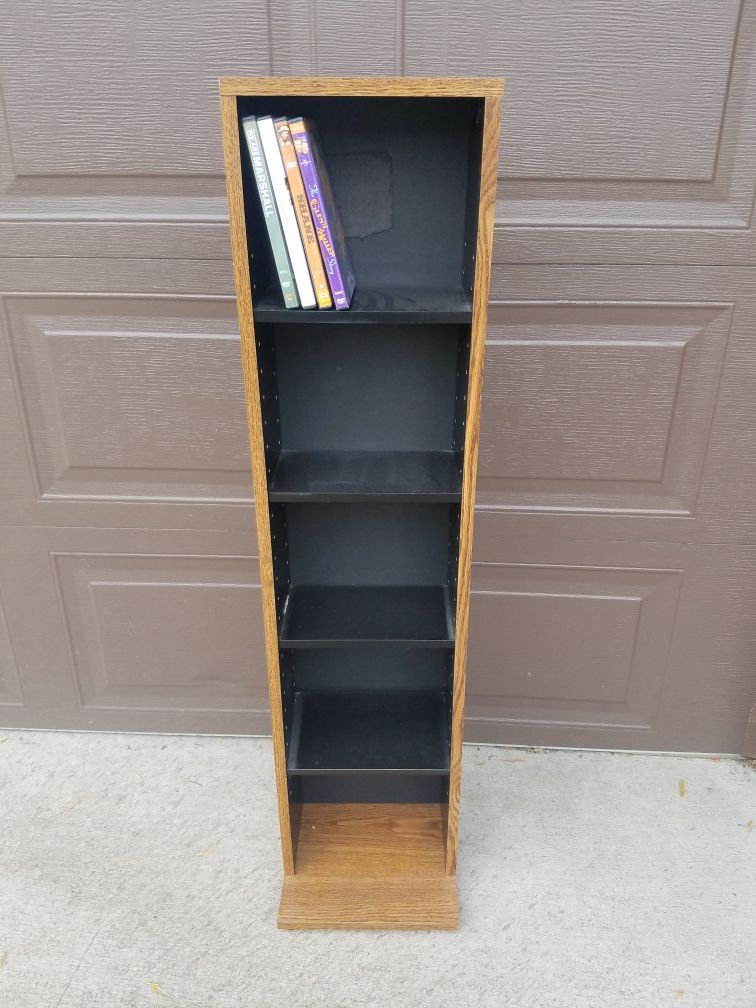 Adjustable media storage shelves.