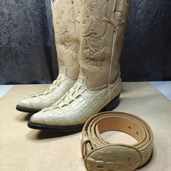 JJ Boots Caiman West Croc Leather Cowboy Boots And Belt 