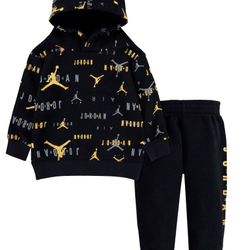 Nike Air Jordan Boy 2 Piece Set Hoodie Sweatshirt Sweatpants Black/golden Size 3T