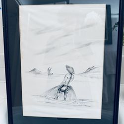 Black Ink on Silk Framed “Young Man with Fishing Net” Vietnamese Artist BeKy