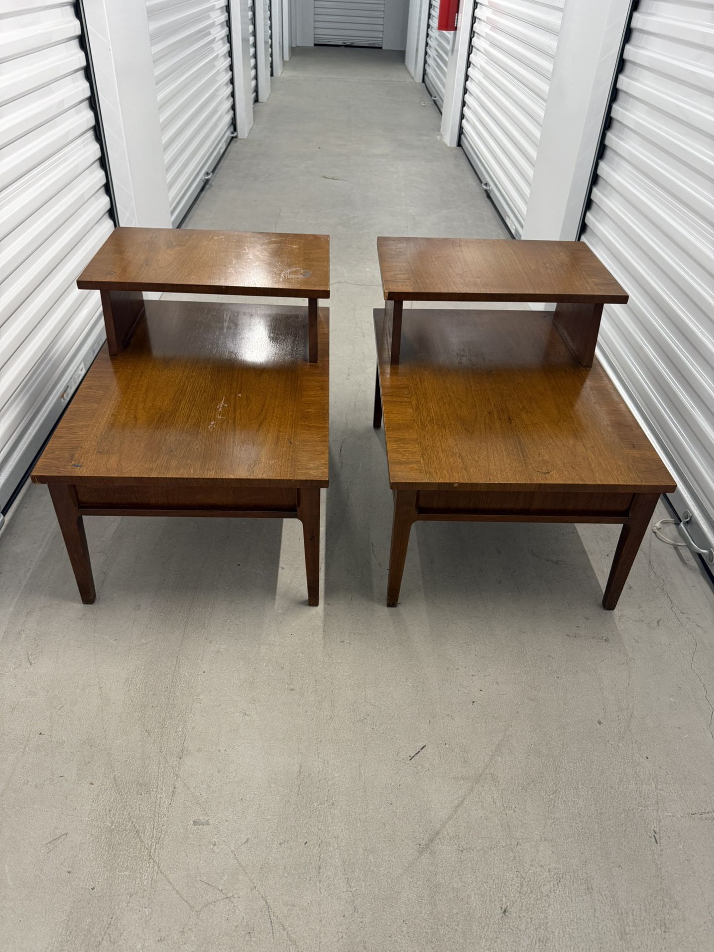Two Large Solid Wood Mid Century Modern Step Up End Tables (30 x 21)