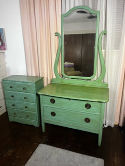 Vintage Vanity With Mirror With 2 Roomy Drawers And Vintage Dresser with 4 Spacious Drawers