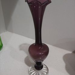 Vintage Ruffled Rim Amethyst Glass Bud Vase  With Sqirled Designed Base
