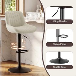 Bar Stools Set of 2, Adjustable Modern Swivel Bar Stools with Backs, Counter Height Performance Fabric Island Chairs for Home Kitchen, cream
