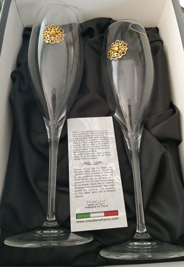 NEW Franco Vetrerie e Cristallerie Champagne Flutes Iridescent Gold Handmade Italy