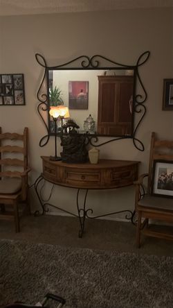 Wrought Iron and Wood Console Table with Mirror