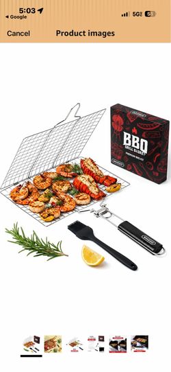 SHIZZO Shallow Grill Basket Gift Set with Basting Brush, Gift Box New