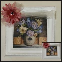 FLORAL FLOWER BOW WHITE SHABBY CHIC PAINTING PICTURE ART FRAME ACCENT WALL DECOR ART PICTURE FLORAL FLOWER PAINTING LITHOGRAPH BOUQUET