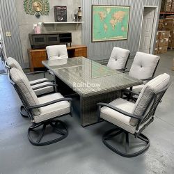 7pc Outdoor Patio Furniture Dining Table Set With Sunbrella Swivel Chairs