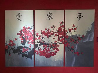 Large 3-Panel Cherry Blossom Canvas Wall Art – Love, Family & Dream – 48" x 24" Each Panel