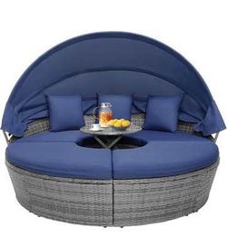 Assembled New Round Outdoor Daybed with Canopy Rattan Wicker Sectional Sofa Set w/Cushions