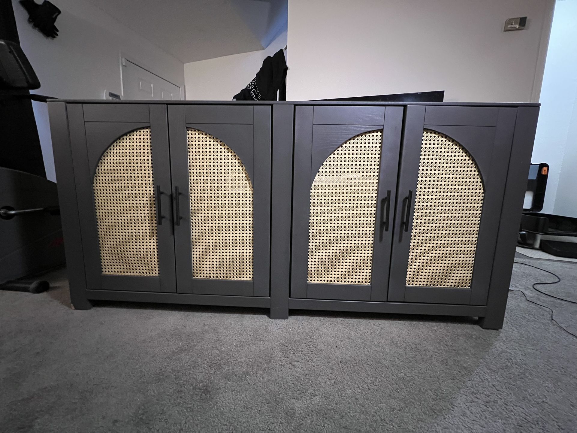 Stylish Grey Sideboard/Media Cabinet with Rattan Doors - Large Storage