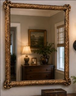 Vintage Hollywood Regency Gold Gilt Wall Mirror | Ornate Carved Accent Mirror | 30" x 37"