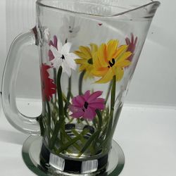 Hand painted Spring Flowers (Daisy) Glass Pitcher 9” Tall 7” Wide