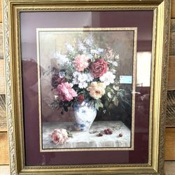 Beautiul Framed Art Vintage Jack Terry Home Interiors Victorian Style Art With Flowers in Vase Still Life approx 28” x 24”  Rich Colors - perfect to c
